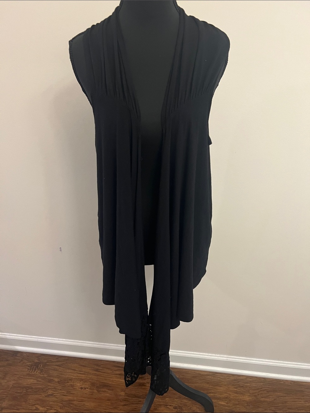 Cache Black Lace-Trim Sleeveless Drape Vest Cardigan